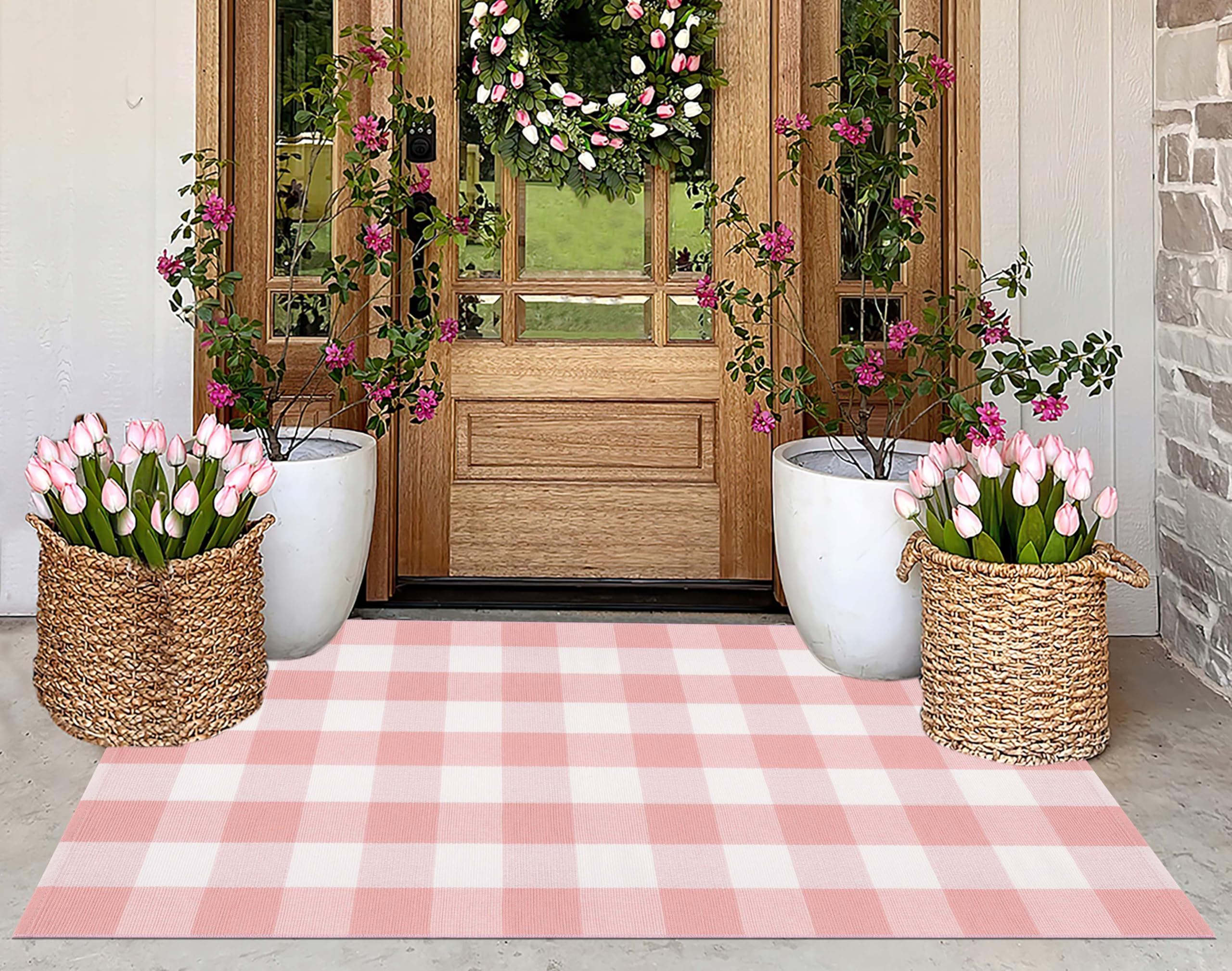 KIhipIoe pink area rug 3x5 in entryway with plaid pattern; soft underfoot for cozy entrances.
