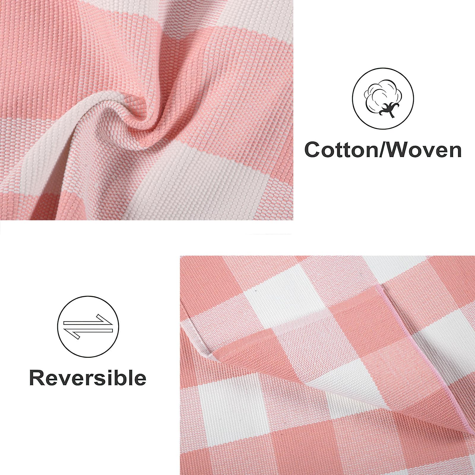 KIhipIoe pink plaid rug texture closeup showing cotton weave and durable finish, ideal for high-traffic areas.