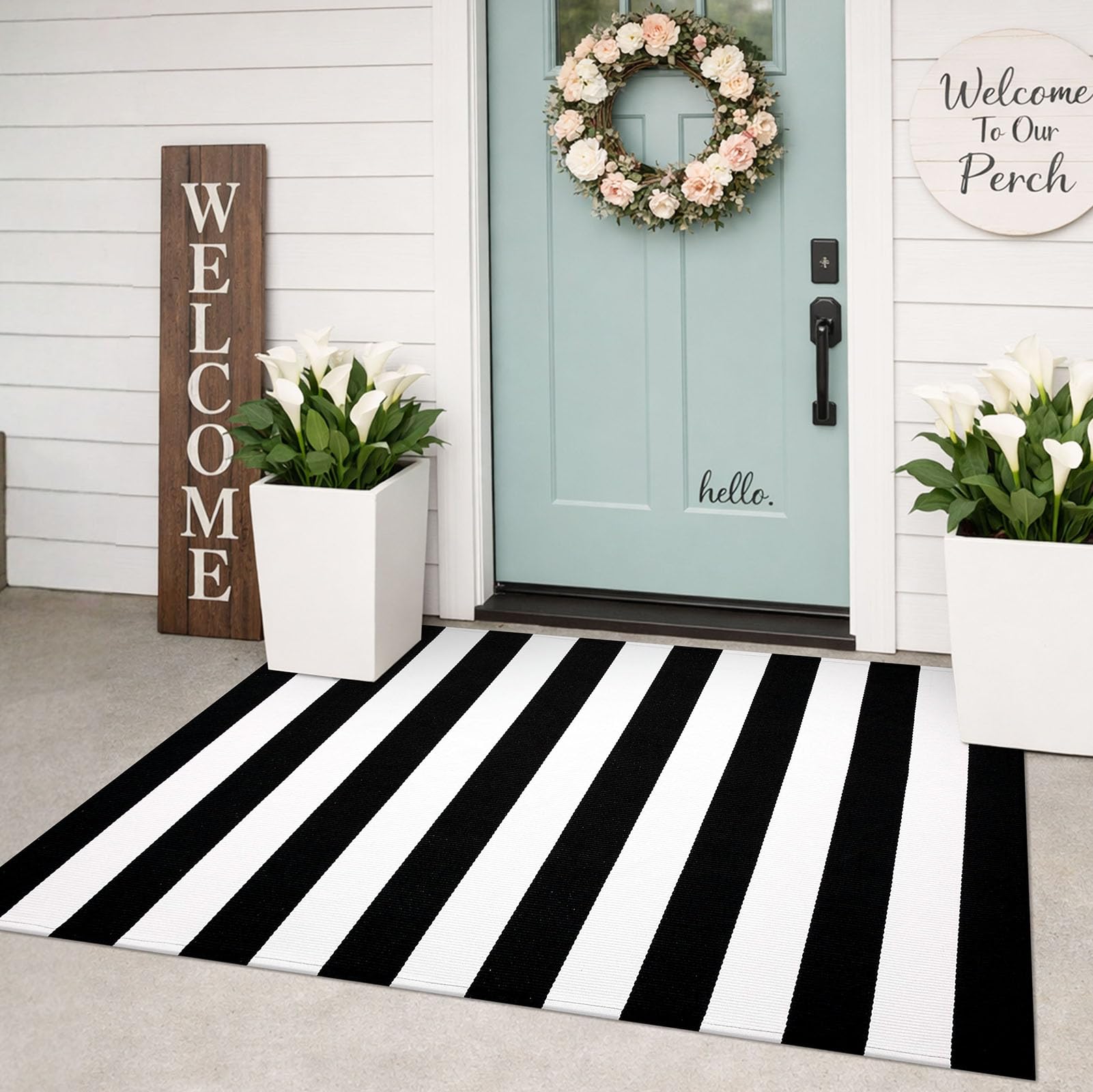 KILOCOCO Black White Striped Rug 3x5 front door mat with durable, easy-to-clean weave.