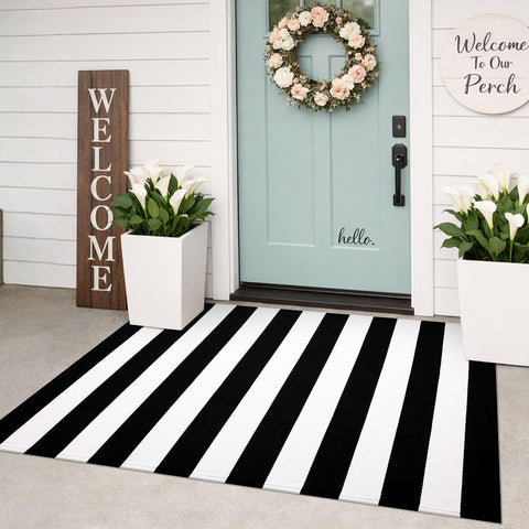 KILOCOCO Black White Striped Rug 3x5 front door mat with durable, easy-to-clean weave.