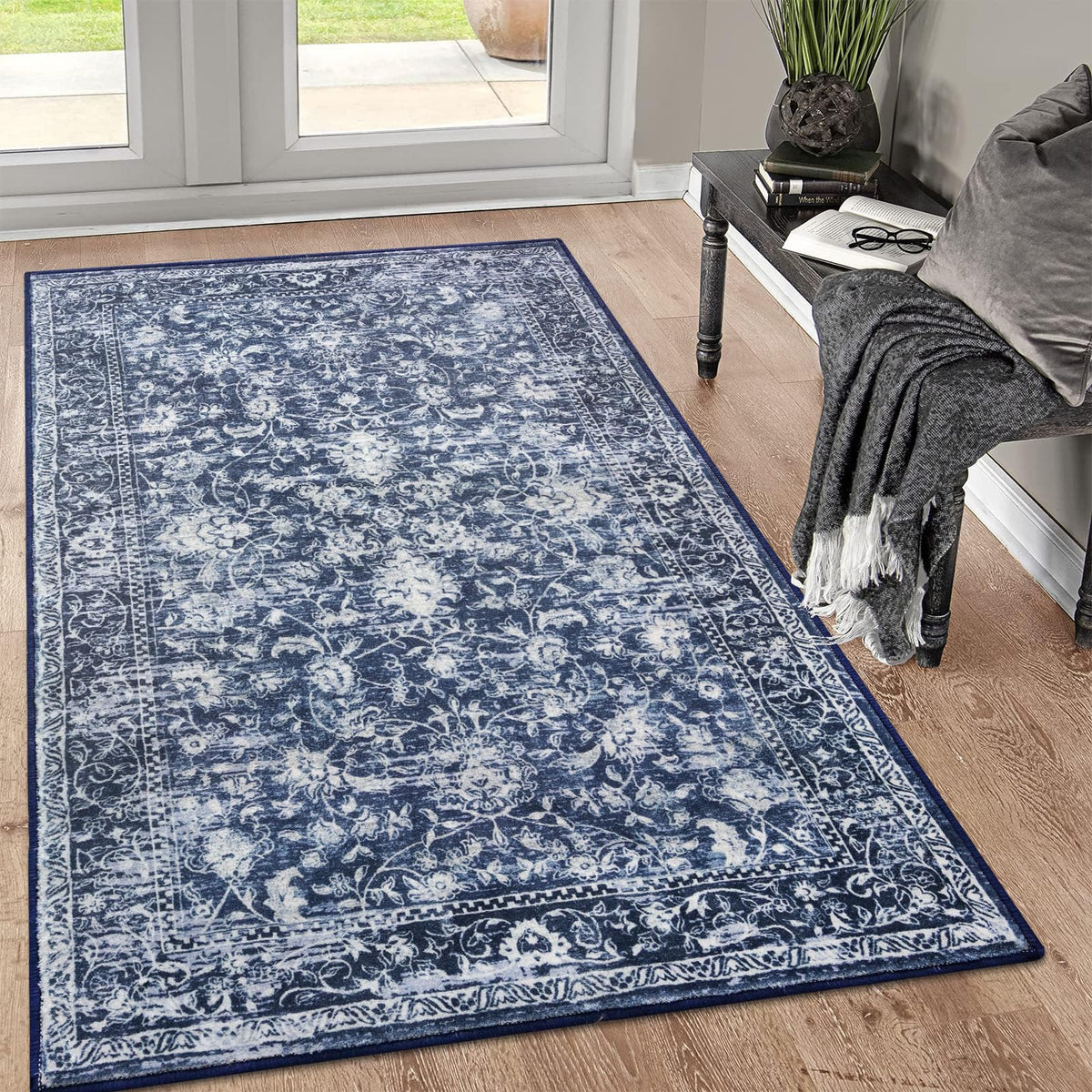 KILOCOCO area rug 3x5 washables in navy and white design for entryways, easy to clean.