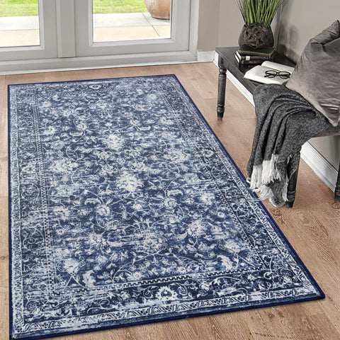 KILOCOCO area rug 3x5 washables in navy and white design for entryways, easy to clean.