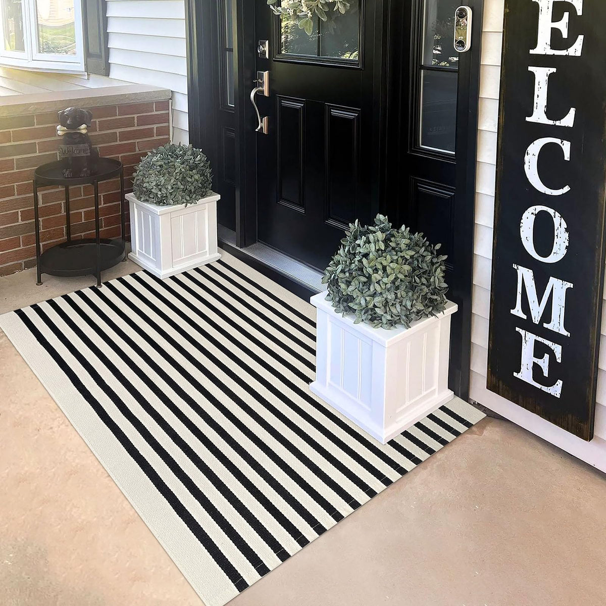 KILOCOCO beige striped rug 3x5 for indoor outdoor use adds durable style to your entrance.