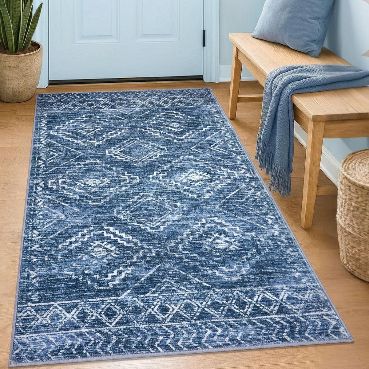 Kilococo Boho Entryway Rug 3x5 in blue geometric print for stylish foyers.