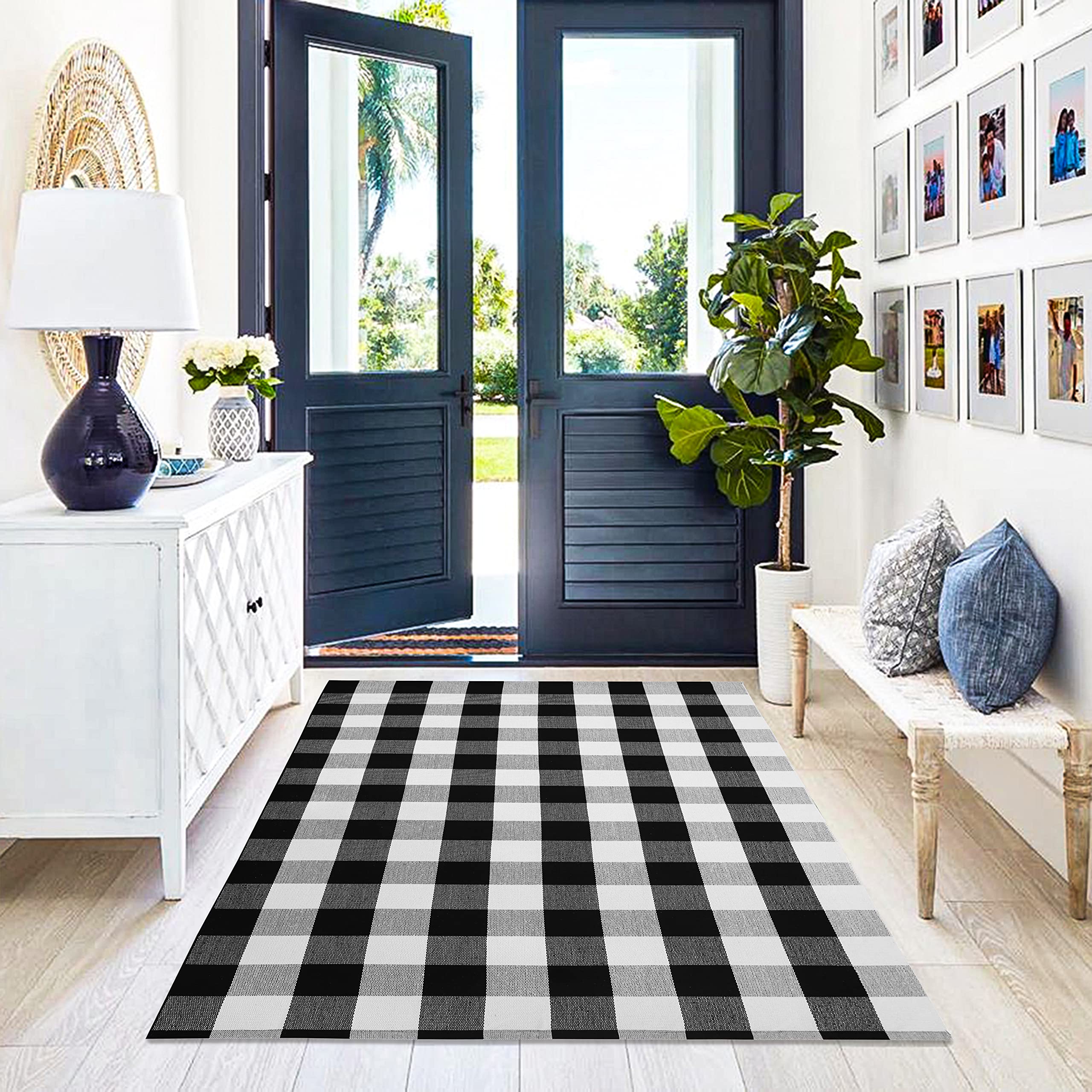 KILOCOCO buffalo plaid rug farmhouse entry, stylish addition to an entryway.