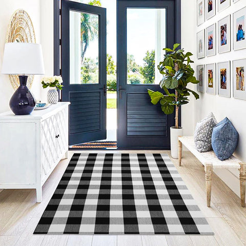 KILOCOCO buffalo plaid rug farmhouse entry, stylish addition to an entryway.