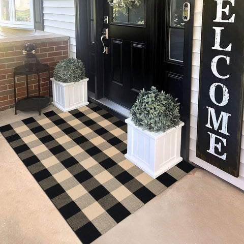 KILOCOCO Buffalo Plaid Rug at the front door 3x5 size durable and easy to clean.