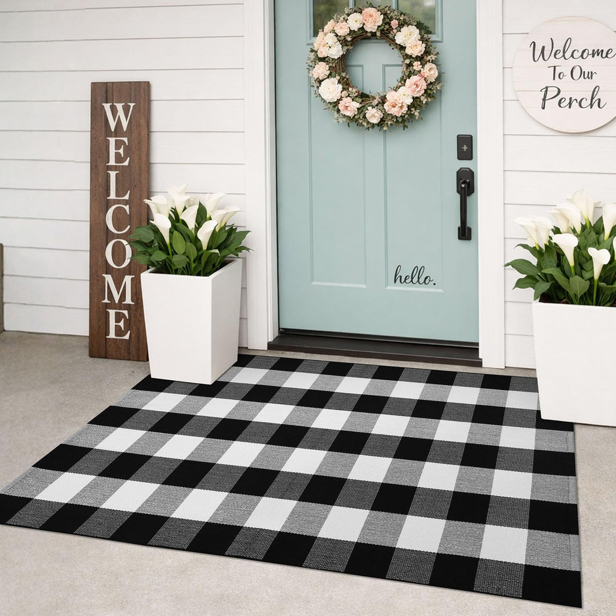 KILOCOCO buffalo plaid rug front door mat 3x5 showing sturdy cotton-poly blend for outdoors.