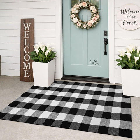 KILOCOCO buffalo plaid rug front door mat 3x5 showing sturdy cotton-poly blend for outdoors.