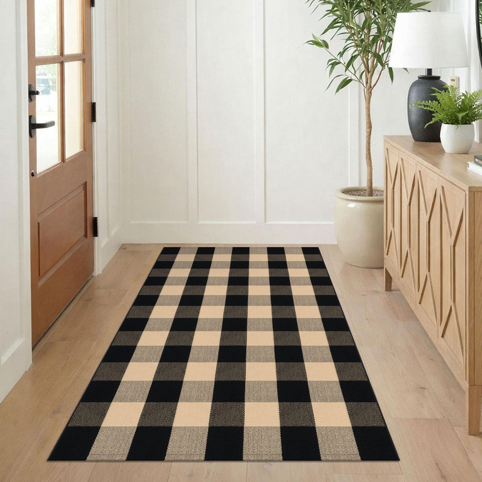 KILOCOCO Buffalo Plaid Rug close-up shows brown-black plaid, adds timeless entryway style.