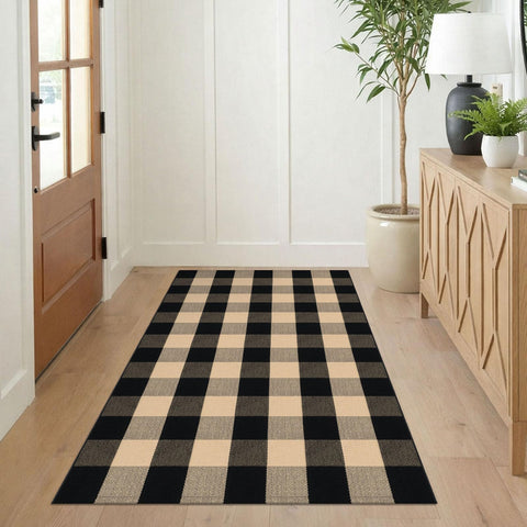 KILOCOCO Buffalo Plaid Rug close-up shows brown-black plaid, adds timeless entryway style.