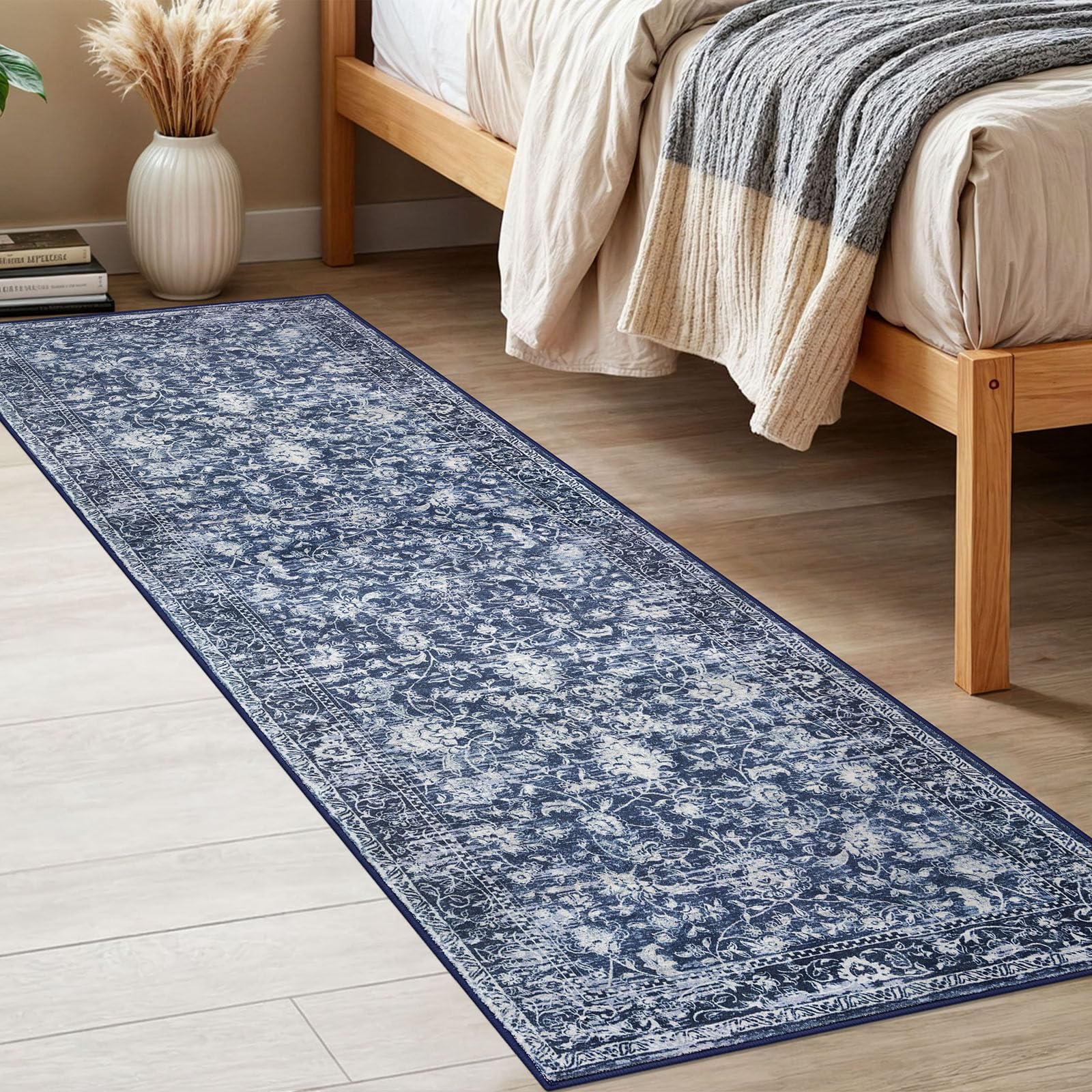 KILOCOCO distressed blue rug adds depth and charm to hallways.