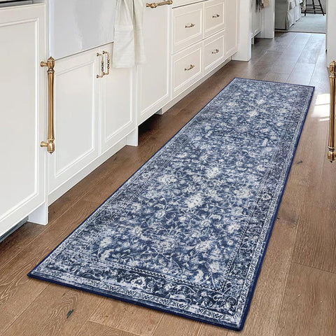 KILOCOCO Hallway Runner 2x5 with navy floral design, non-slip for safe passage in busy hallways.