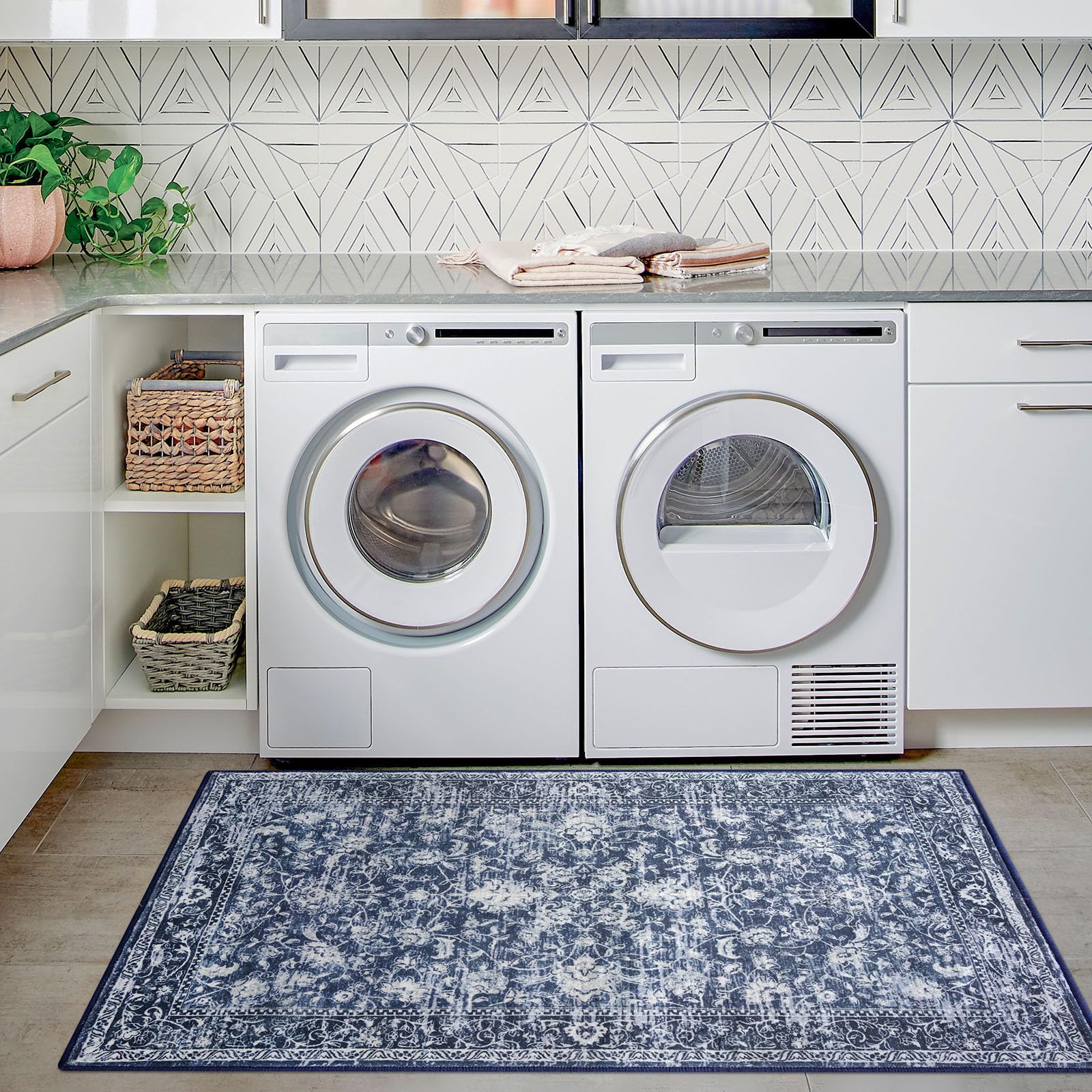 KILOCOCO low-profile rug fits under furniture and reduces tripping risk.