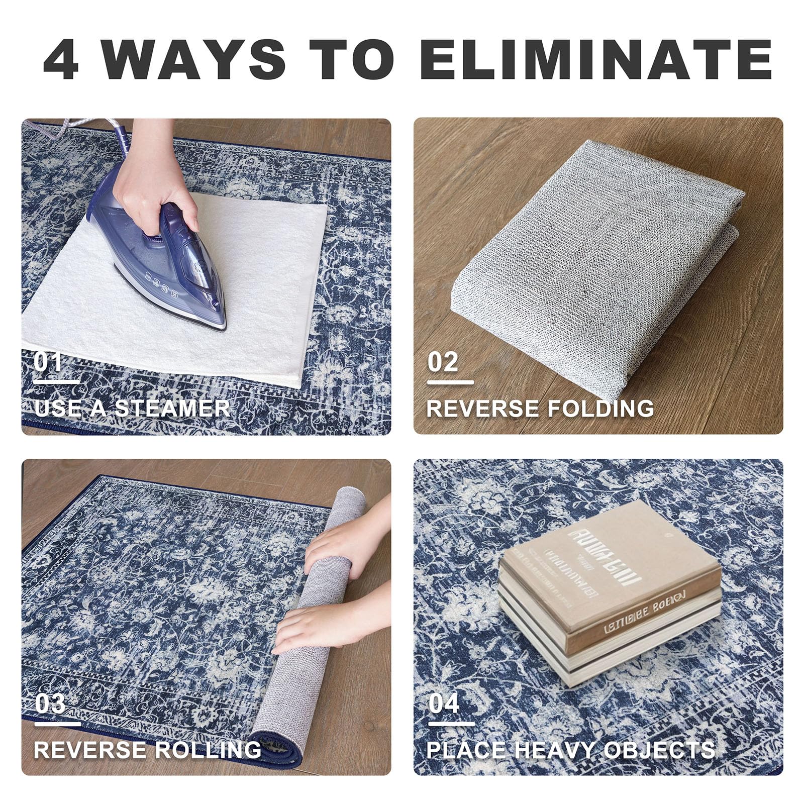 KILOCOCO vintage floral print rug featuring classic navy hues and soft polyester feel.