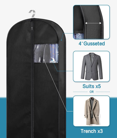 KIMBORA three-pack garment bags with 4-inch gussets keep suits and shirts neatly separated.