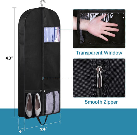 KIMBORA large bottom pockets on garment bag hold shoes, ties, or accessories.