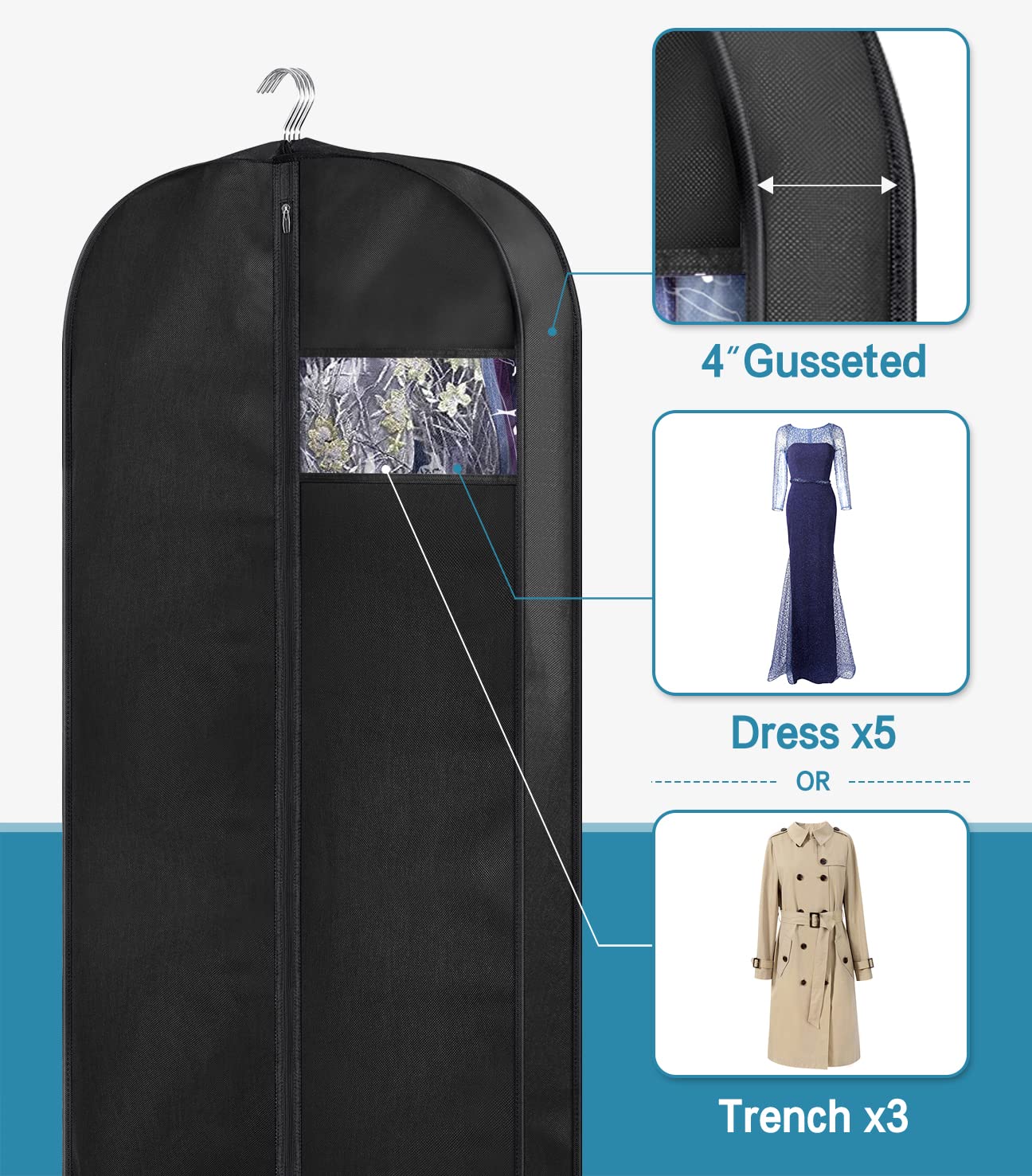 KIMBORA dress garment bag with 4-inch gusset stores multiple pieces