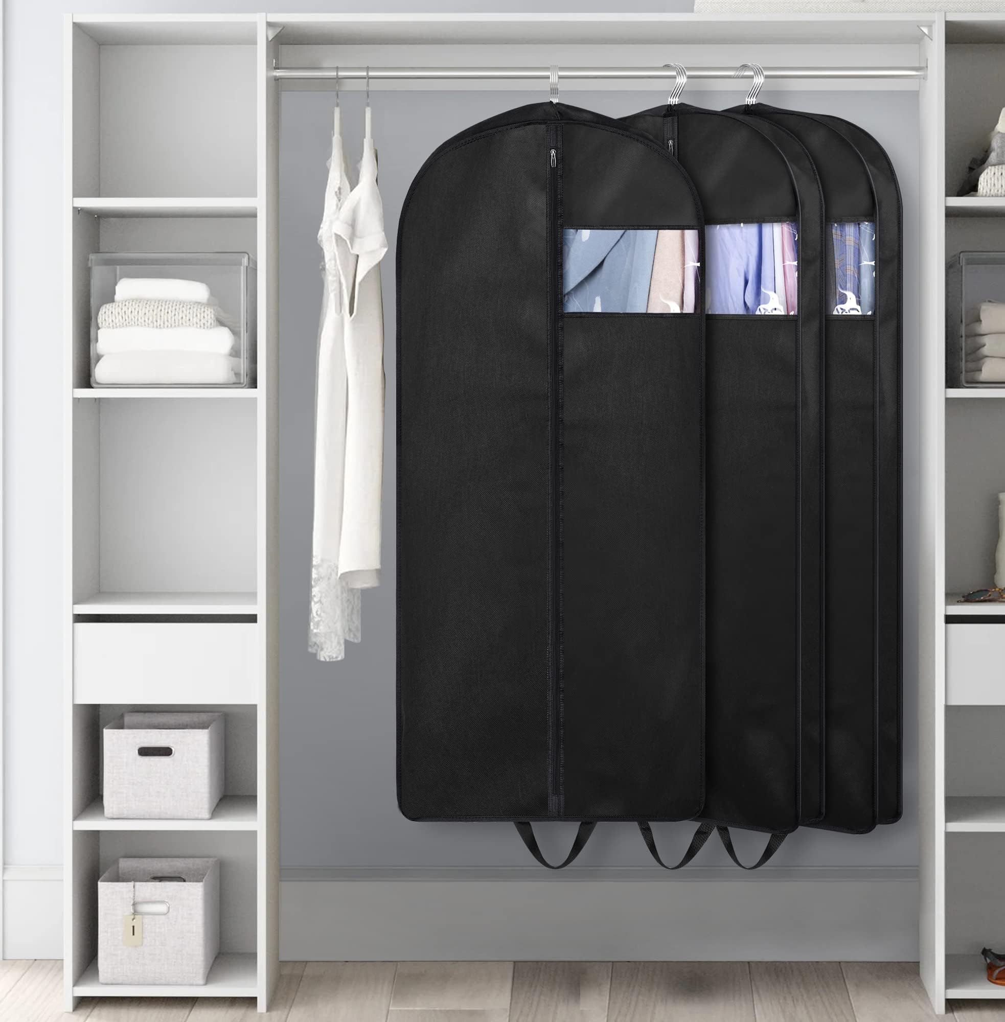 KIMBORA organized wardrobe with color coordination using suit bags.