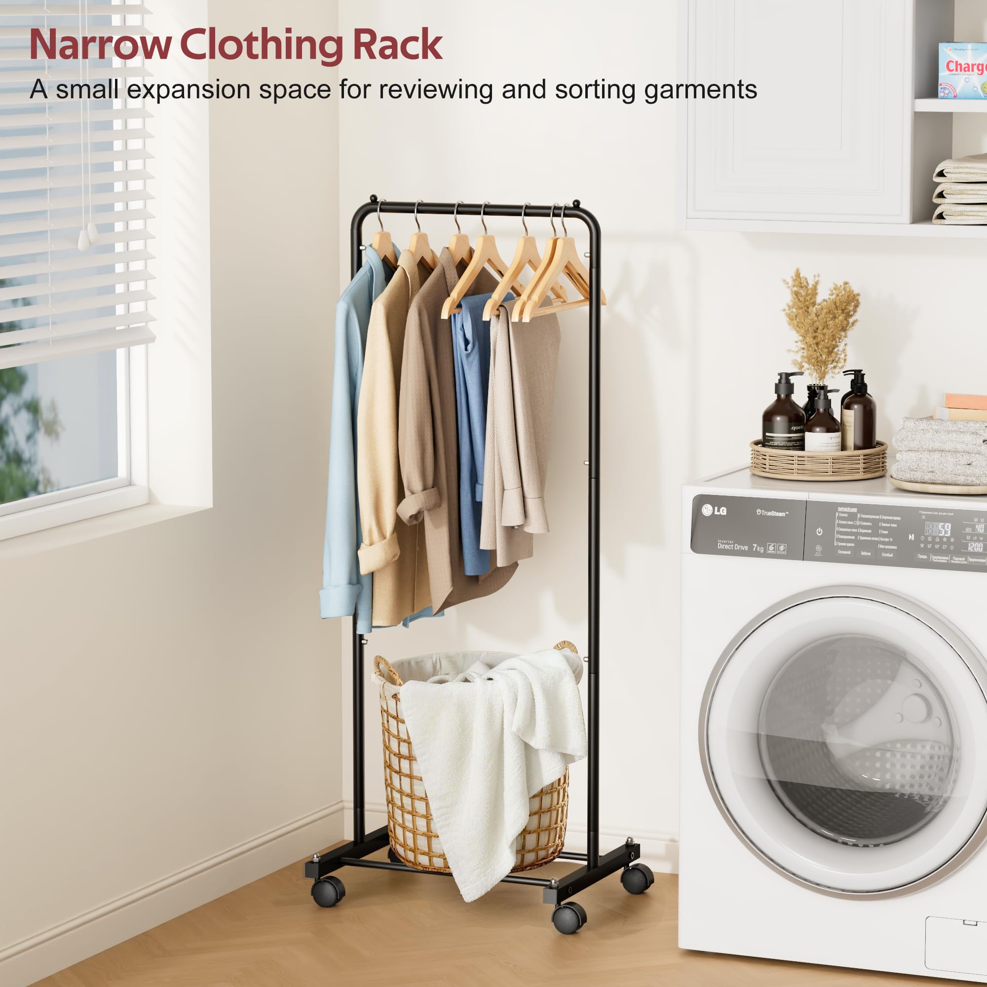 KIMBORA small-clothing-rack-wheels-compact-dimension: fits neatly in tight corners.