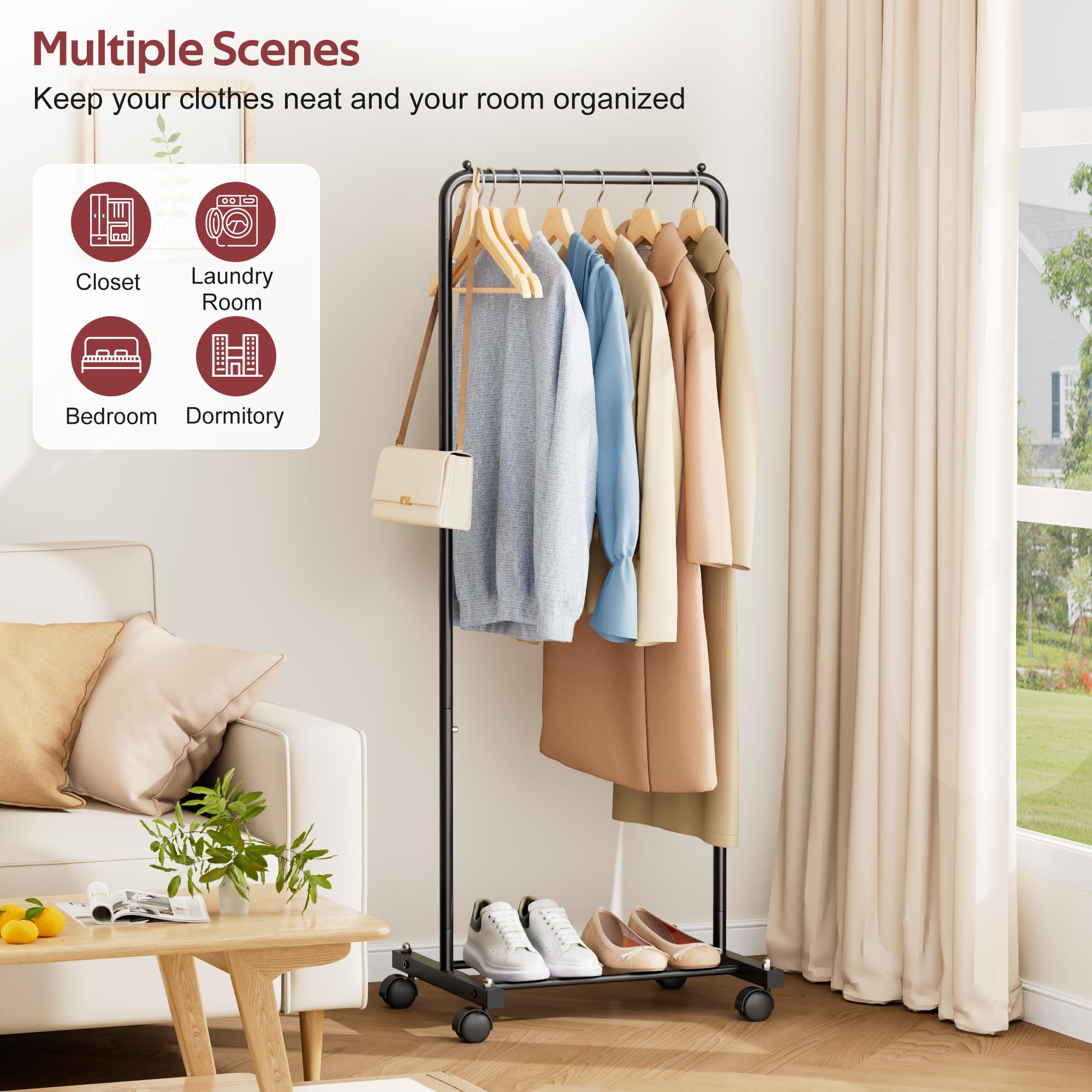 KIMBORA small-clothing-rack-wheels-in-use: keeps coats and shirts organized and accessible.