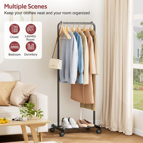 KIMBORA small-clothing-rack-wheels-in-use: keeps coats and shirts organized and accessible.