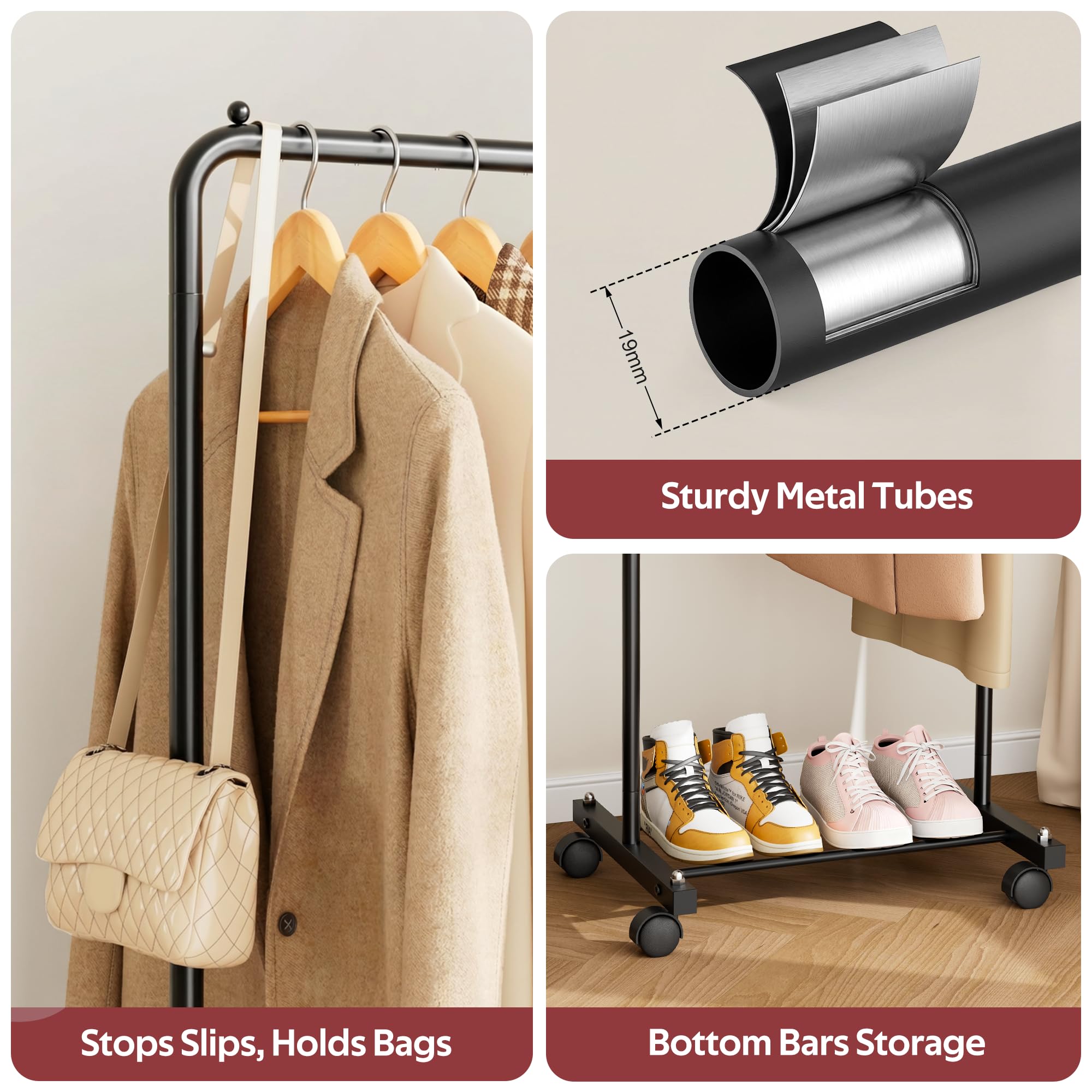 KIMBORA small-clothing-rack-wheels-matte-black-finish: complements modern decor.