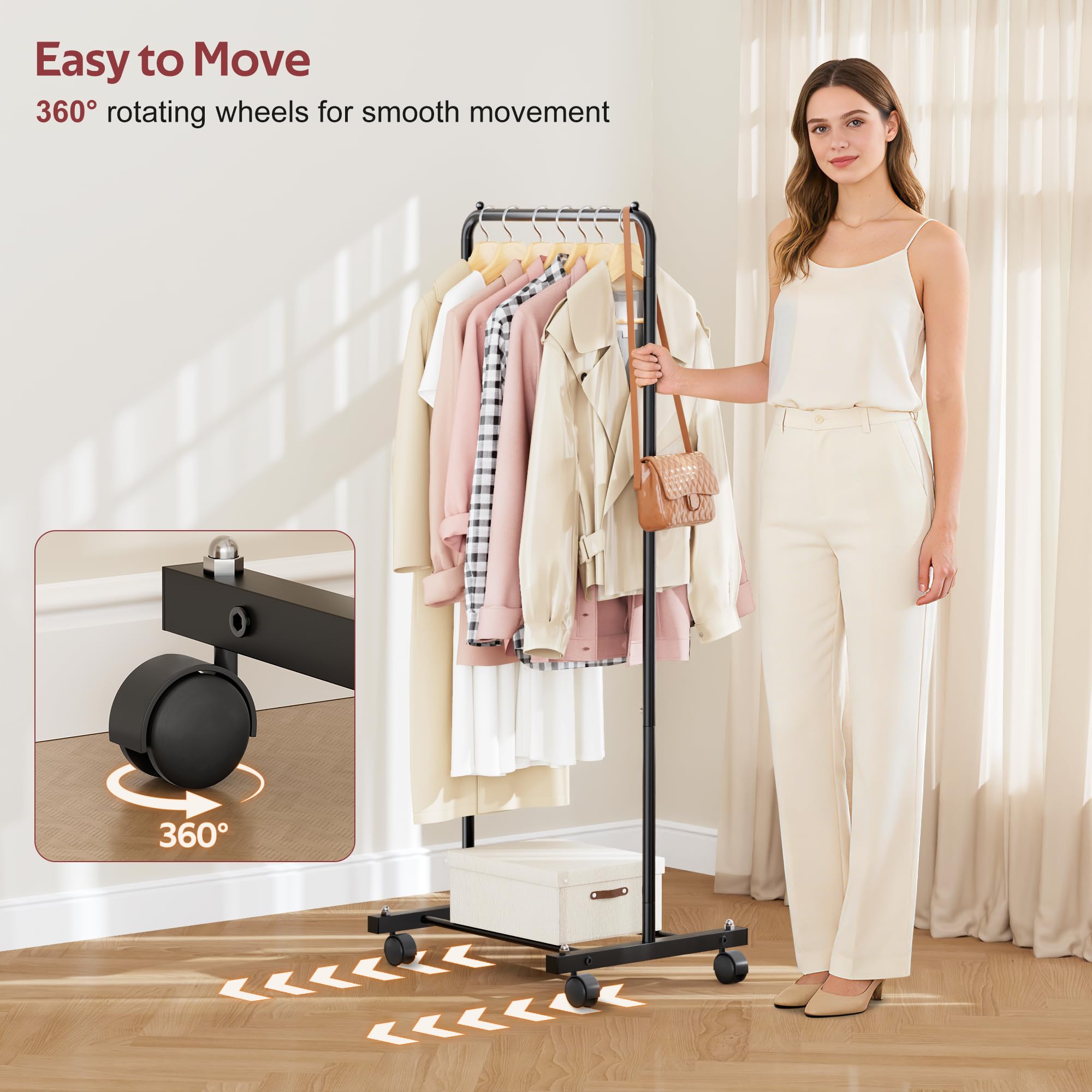 KIMBORA small-clothing-rack-wheels-stability: sturdy base supports a full load.