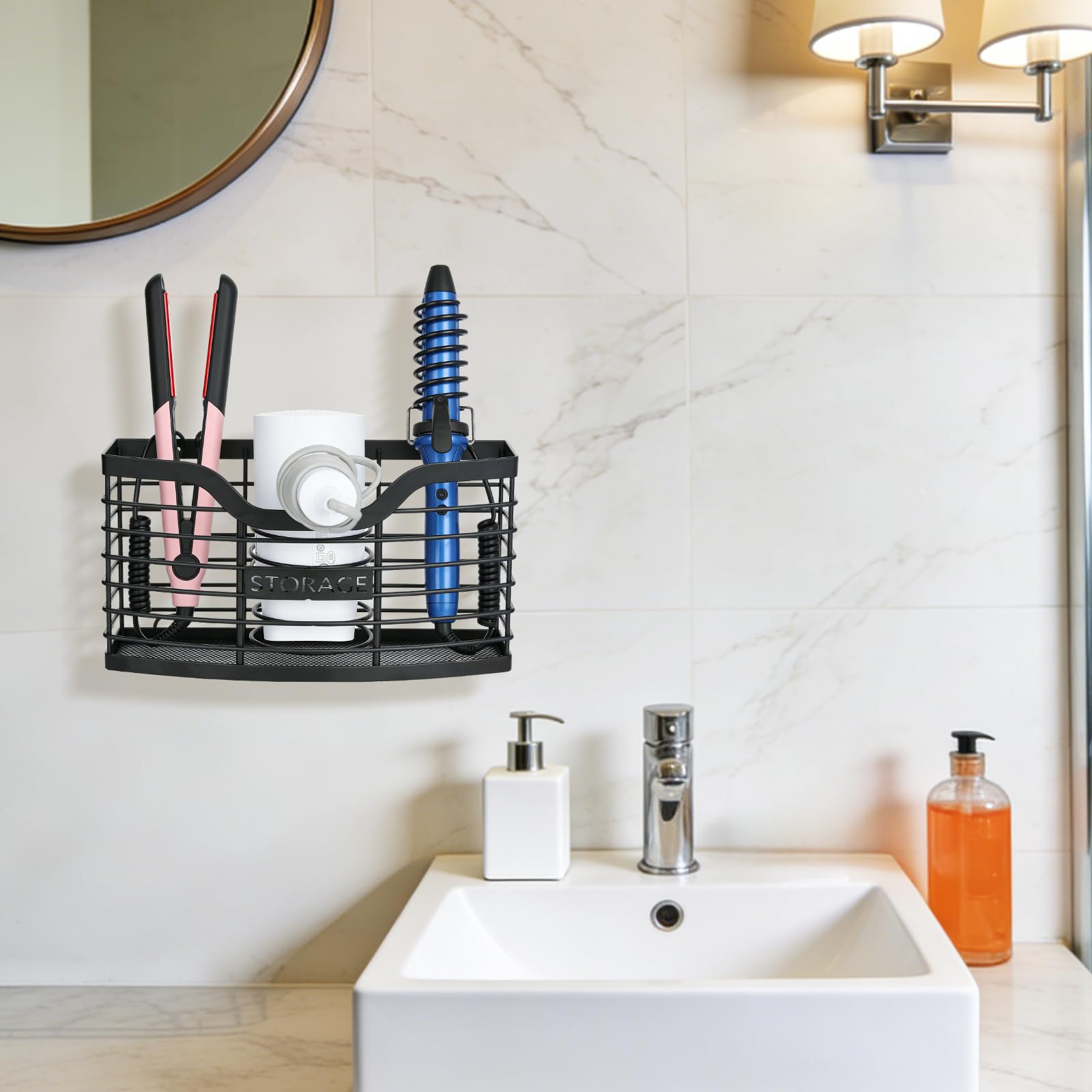 KIMERSE countertop storage rack places hair dryers and brushes within reach.