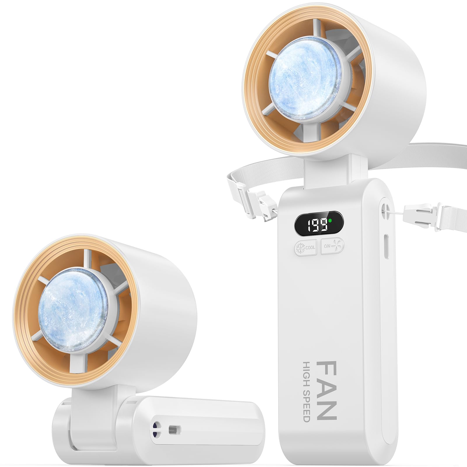 Kimguard handheld turbo fan front view offers compact cooling on the go.