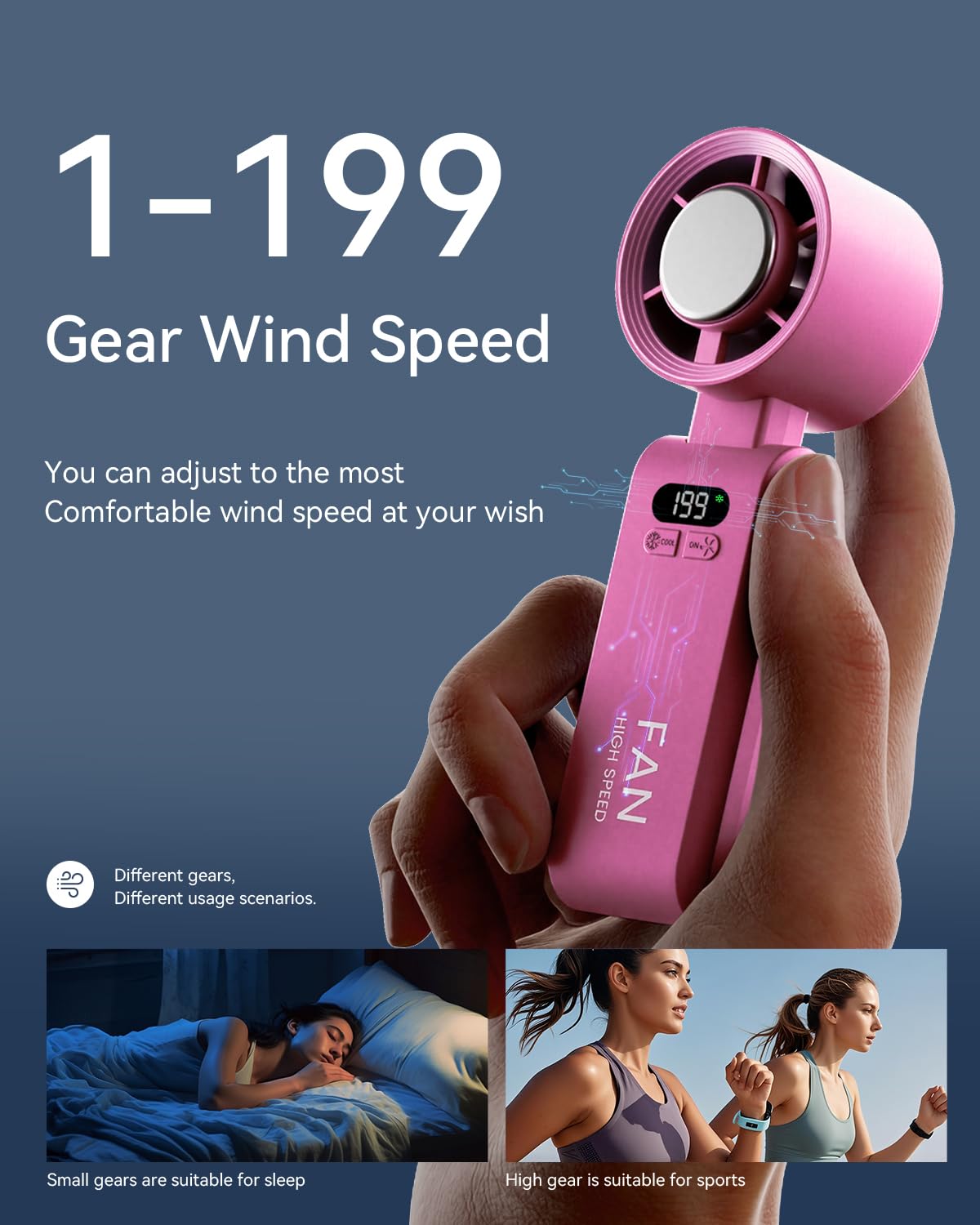 Kimguard handheld turbo fan with ice cooler in use during travel for hands-free cooling