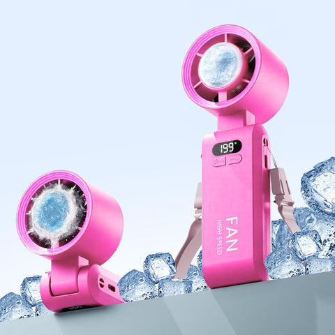 Kimguard handheld turbo fan with ice cooler recharge setup demonstrates quick charging