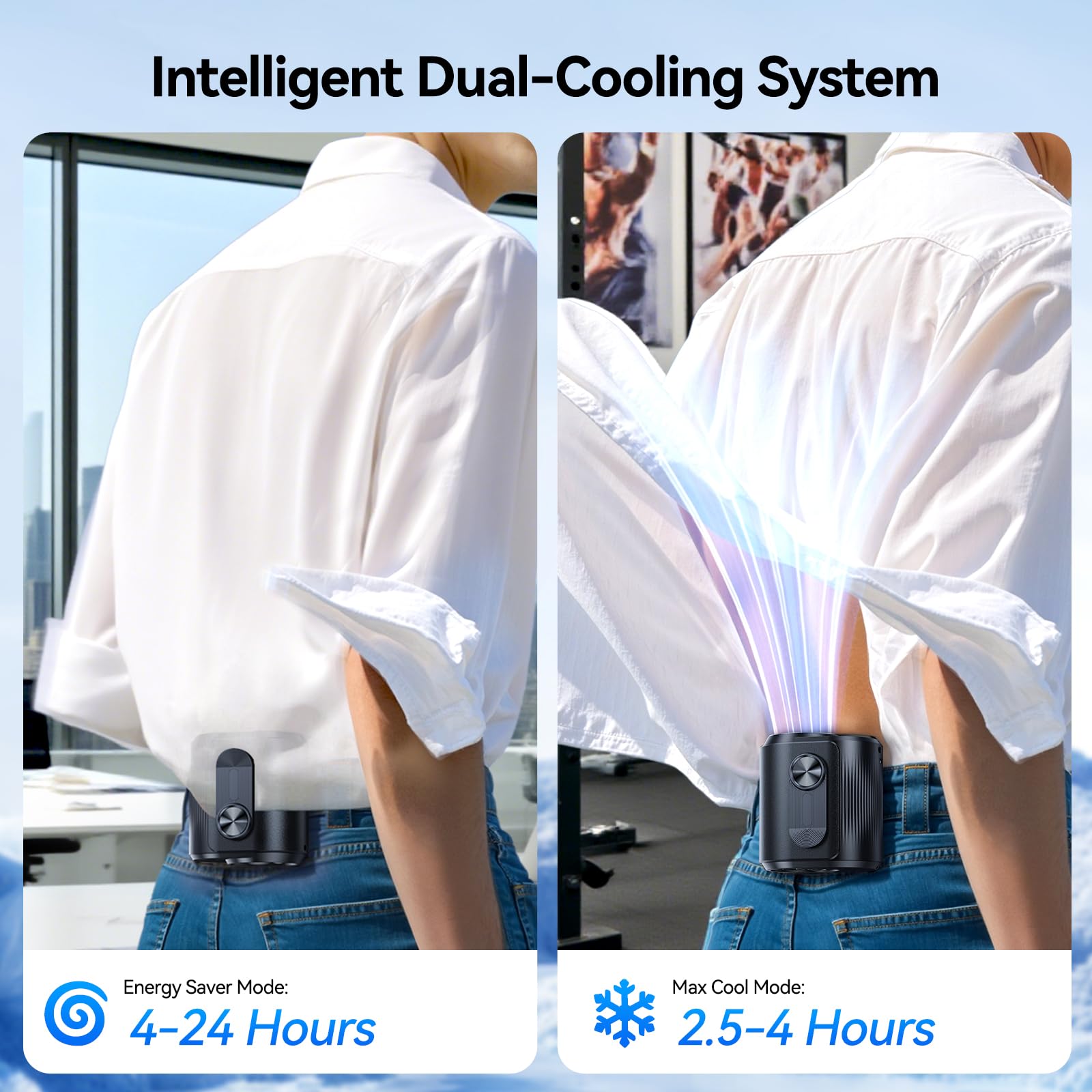 KIMMOO AI waist fan with smart LED display shows real-time status.