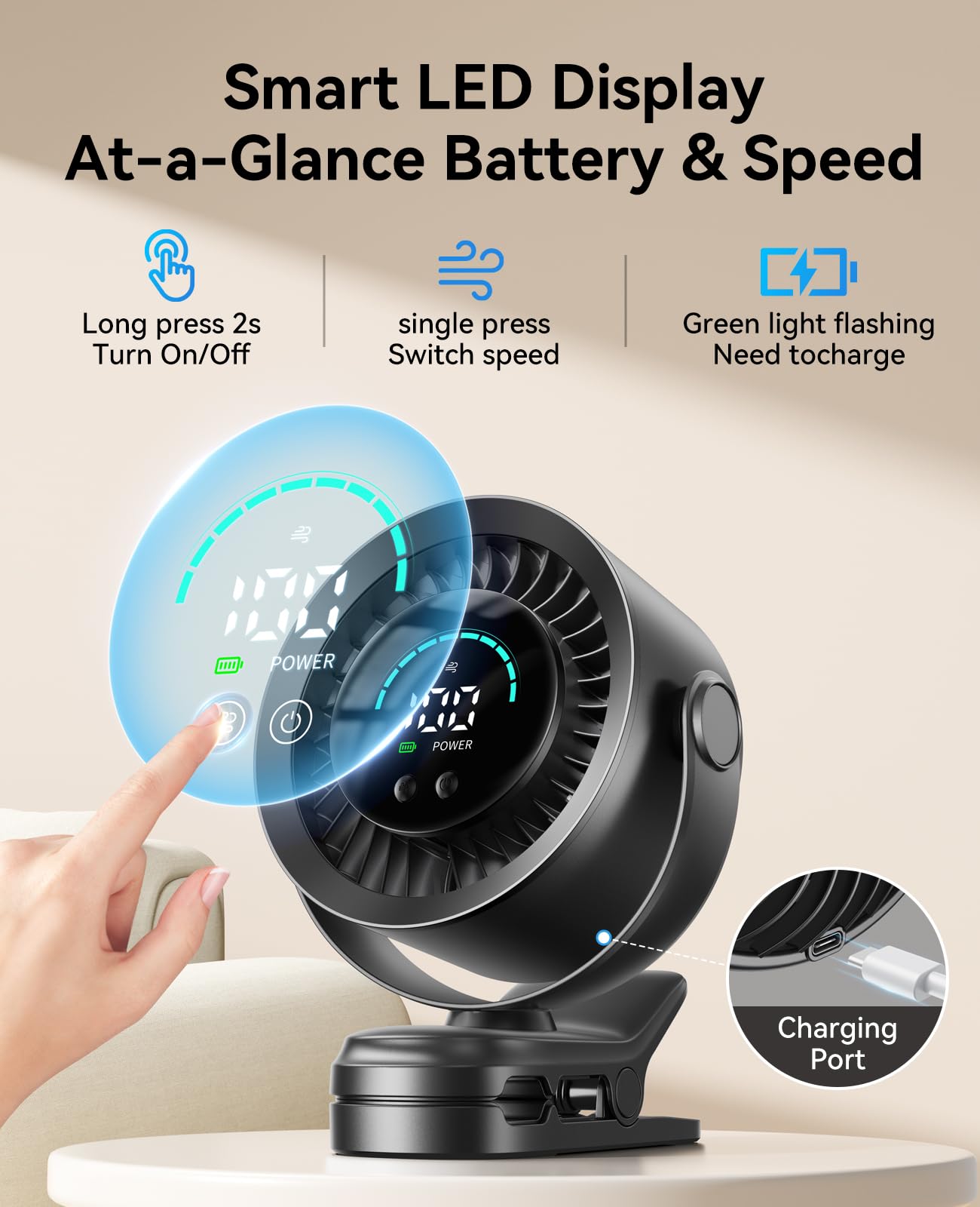 KIMMOO desk clip-secured clip-on fan for versatile mounting on desks or strollers.