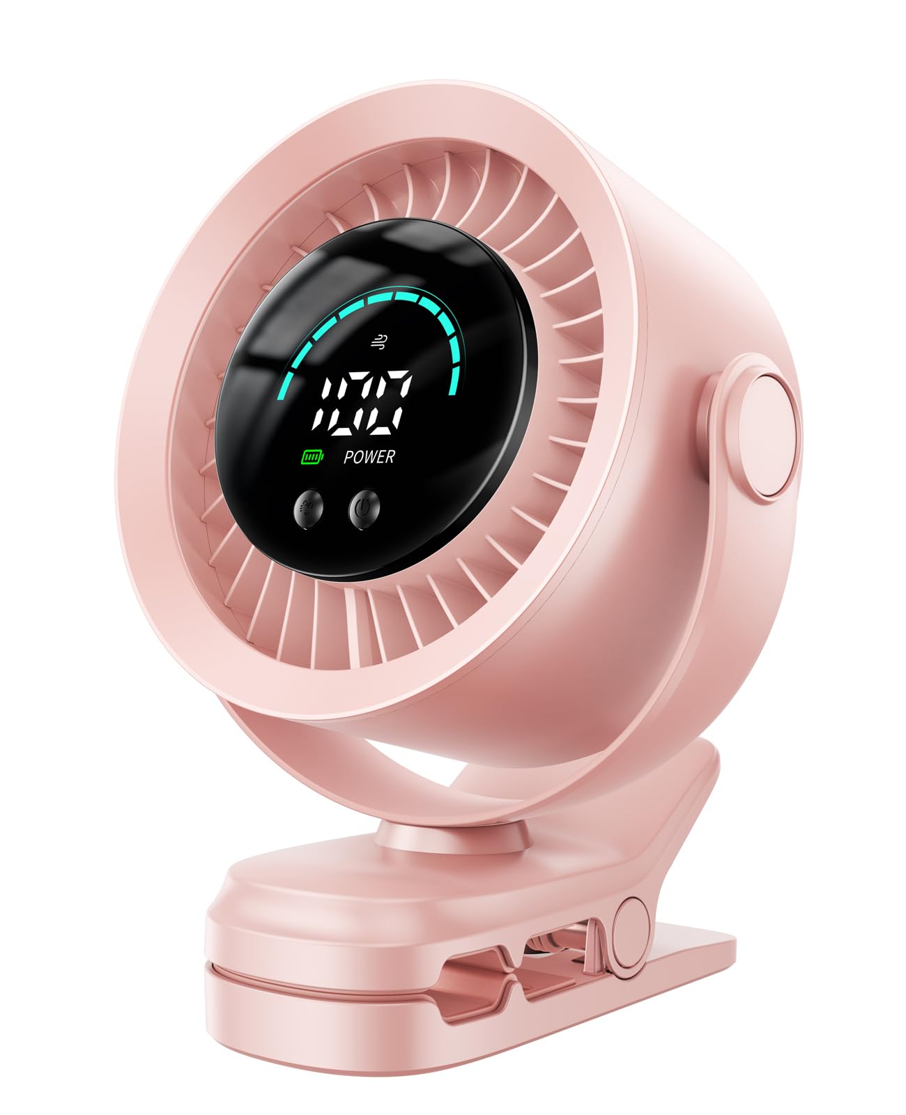 KIMMOO clip-on fan attached to a stroller delivering strong airflow outdoors.