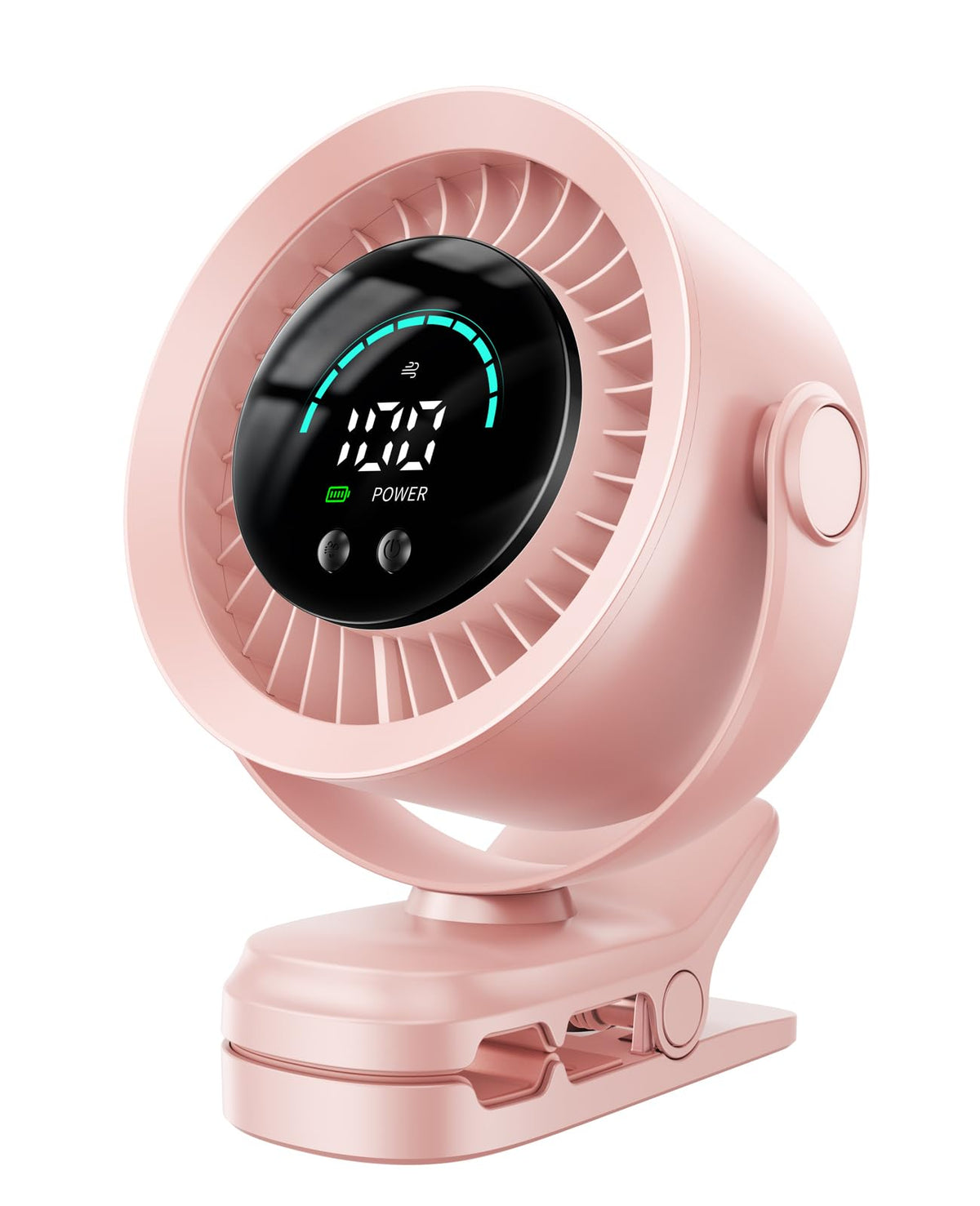 KIMMOO clip-on fan attached to a stroller delivering strong airflow outdoors.
