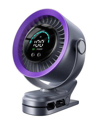 KIMMOO portable clip-on fan in grey clipped to stroller for on-the-go cooling