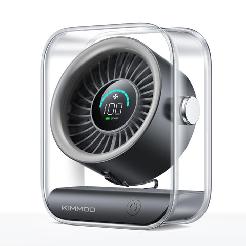 KIMMOO rechargeable desk fan closeup showing whisper-quiet operation for bedtime comfort