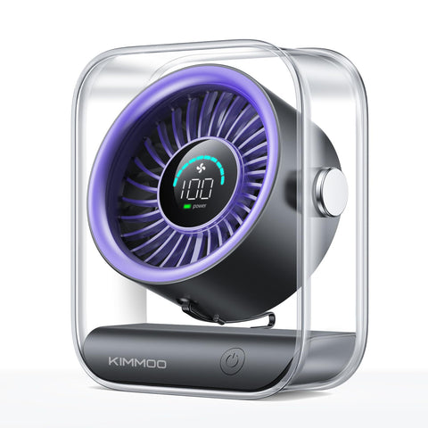 KIMMOO rechargeable desk fan delivers quiet turbo airflow for fast cooling.