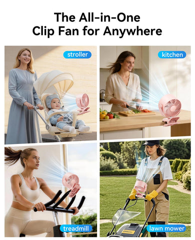 KIMMOO travel-friendly clip-on fan for indoor and outdoor use.