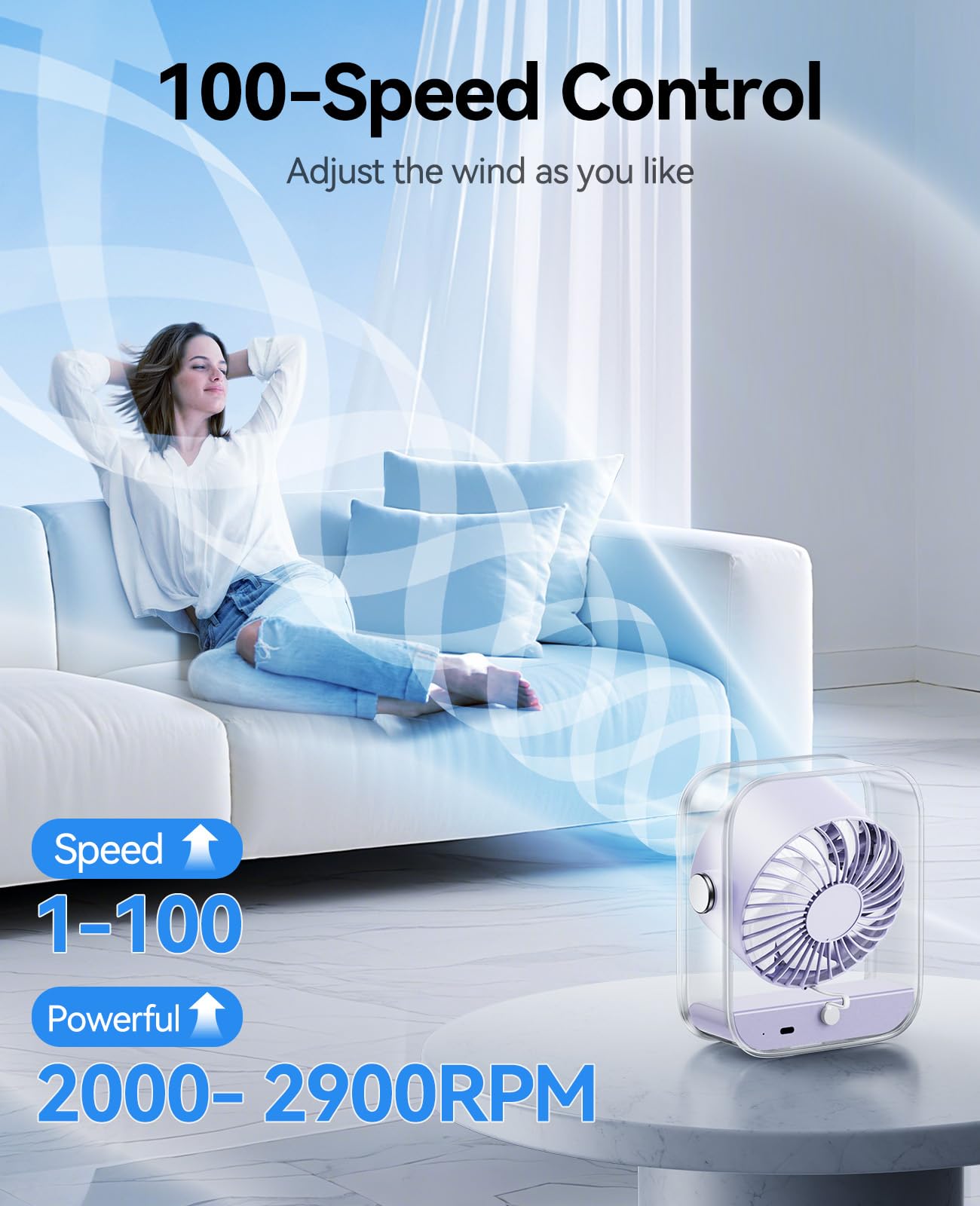 KIMMOO USB Desk Fan 100-speed control for precise breeze levels
