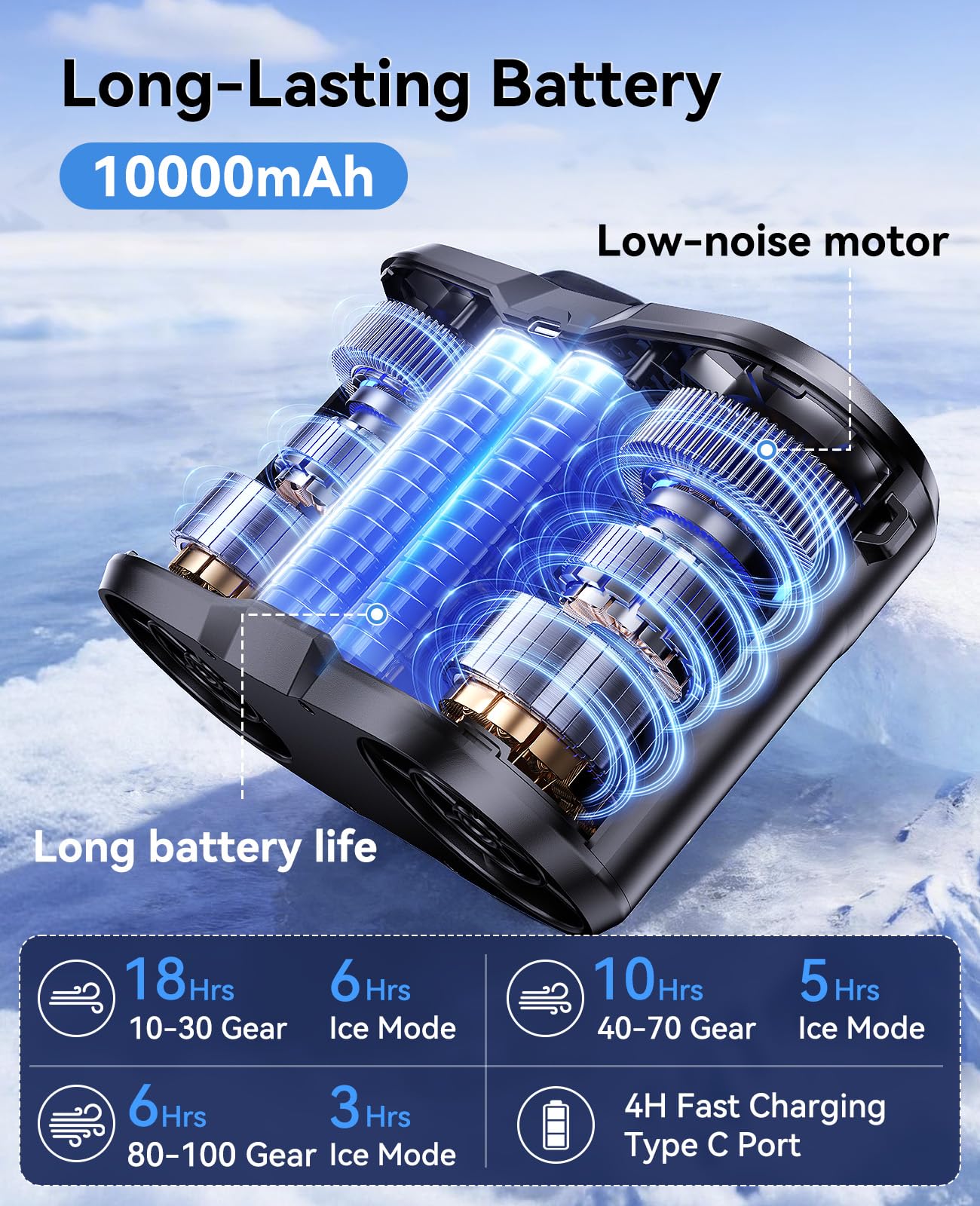 KIMMOO 10000mAh battery powering long-lasting cooling on the go.