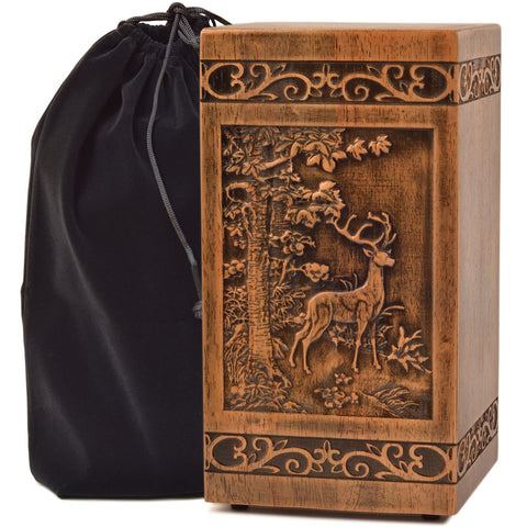 KIMNAG Deer XL urn with 3D forest carving for dignified memorial display.