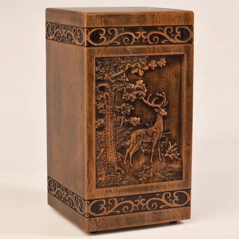 KIMNAG Deer XL urn front view showing craftsmanship and wood texture.