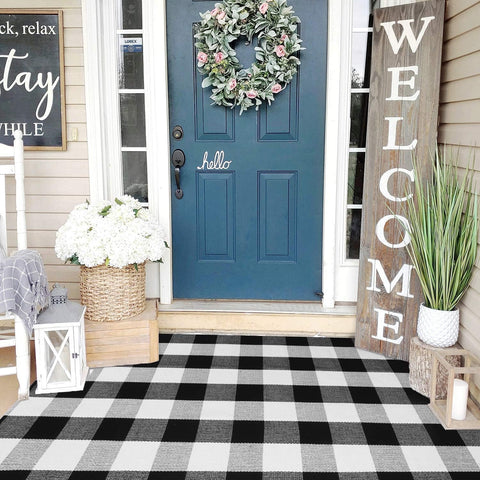 KIMODE buffalo plaid outdoor rug 3x5 on porch for welcoming curb appeal