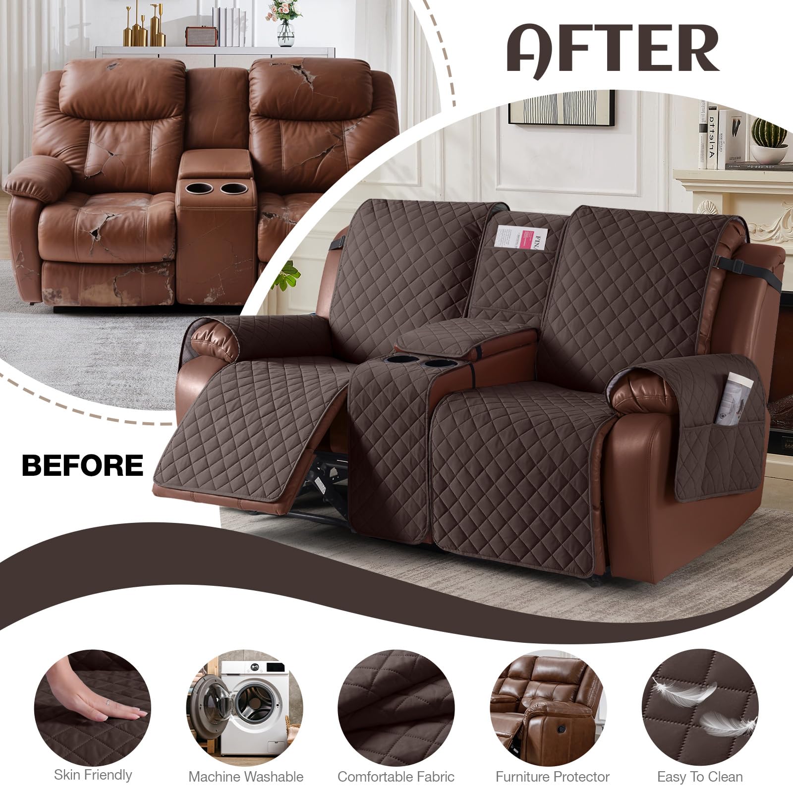 KinCam cover with elastic straps prevents sliding on various sofa styles.