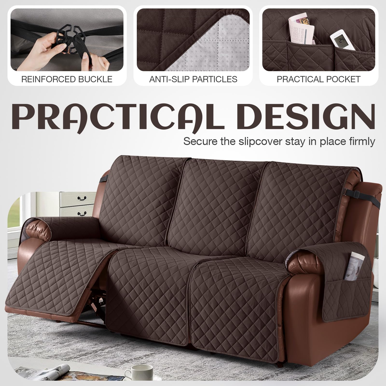 KinCam recliner cover compatible with leather couches provides snug protection.