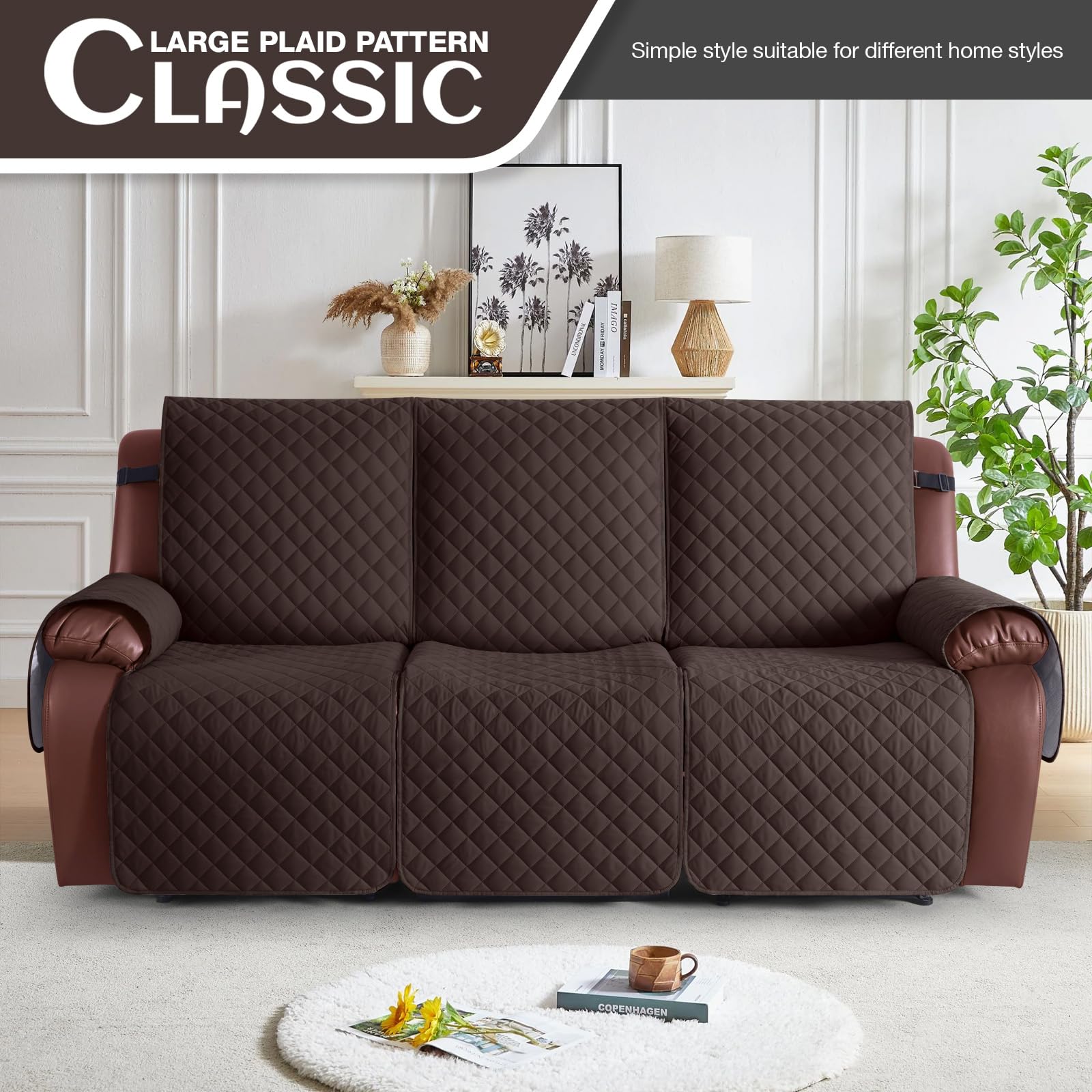 KinCam non-slip recliner cover stays in place on a leather sofa.