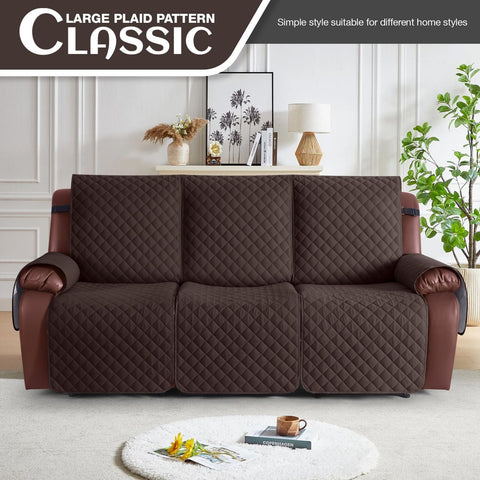 KinCam non-slip recliner cover stays in place on a leather sofa.