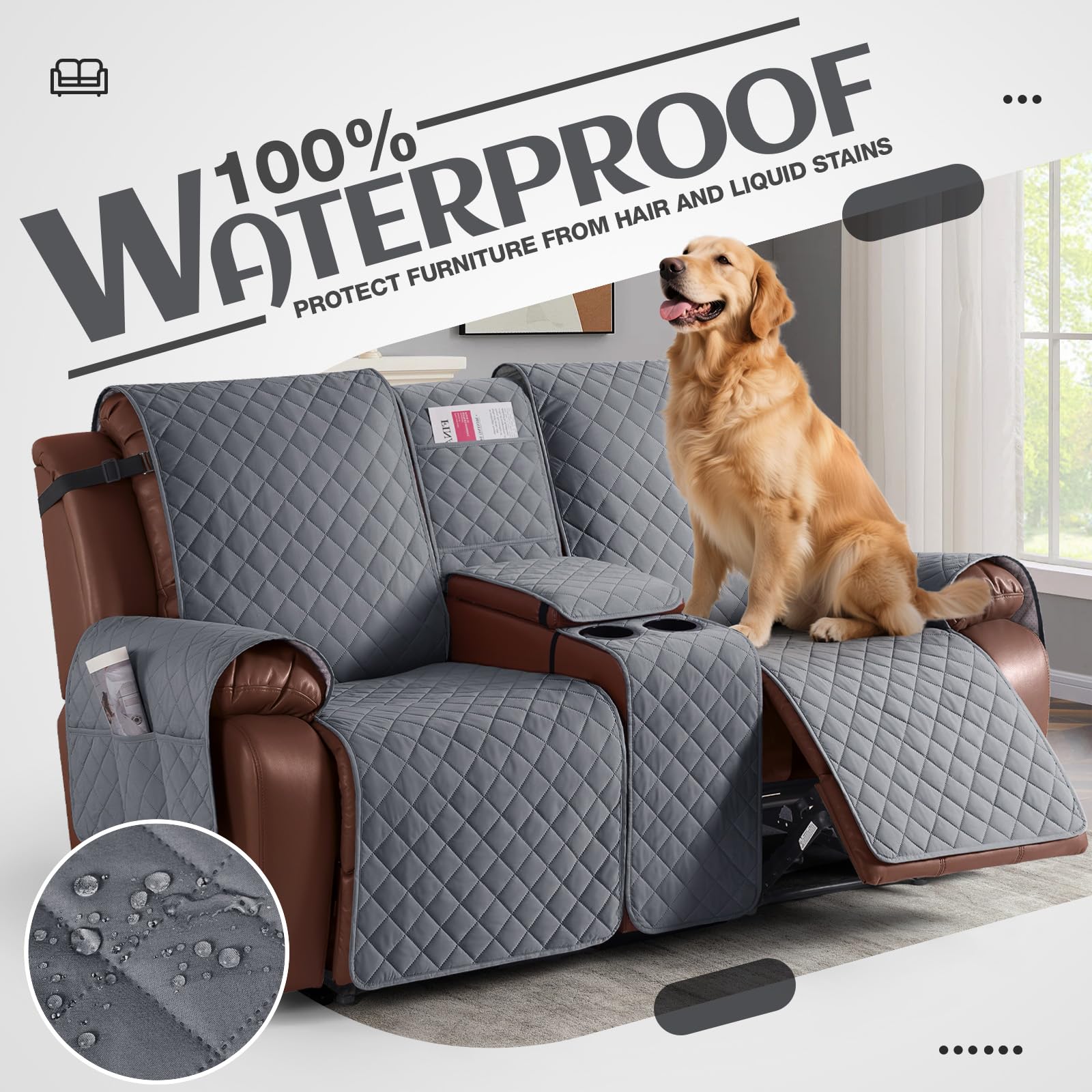 KinCam non slip strap system secures recliner cover in place.